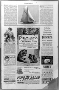 Page showing the Earl of Dunraven's yacht Valkyrie above fifteen advertisements LCCN89708506