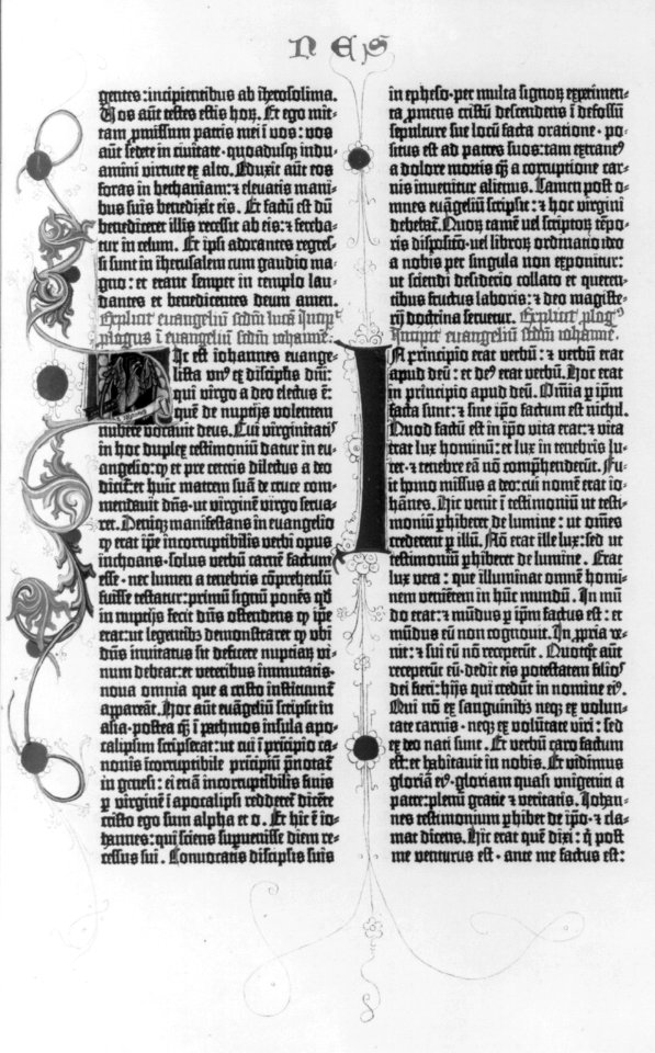 Pages from the Gutenberg Bible, 1455- the 1st pages of the Gospels and the beginning of the Sermon on the Mount- John 1-1 LCCN2007675535
