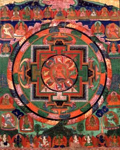 Painted 17th century Tibetan 'Five Deity Mandala', in the center is Rakta Yamari (the Red Enemy of Death) embracing his consort Vajra Vetali, in the corners are the Red, Green White and Yellow Yamari