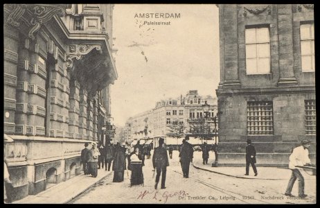 Paleisstraat met rechts het Koninklijk Paleis en op de achtergrond de Nieuwezijds Voorburgwal. Uitgave Dr. Trenkler Co. Leipzig, Afb PBKD00399000002