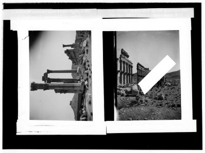 Palmyra (Tadmor). Granite monolith pillars of unknown temple ; looking along colonnade towards Turkish castle LOC matpc.01439