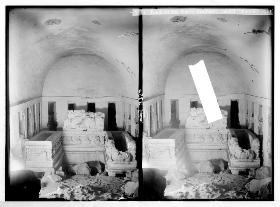 Palmyra. Tomb of the three brothers. Right hand chamber showing sarcophagi, loculi and portrait and group carvings LOC matpc.02890