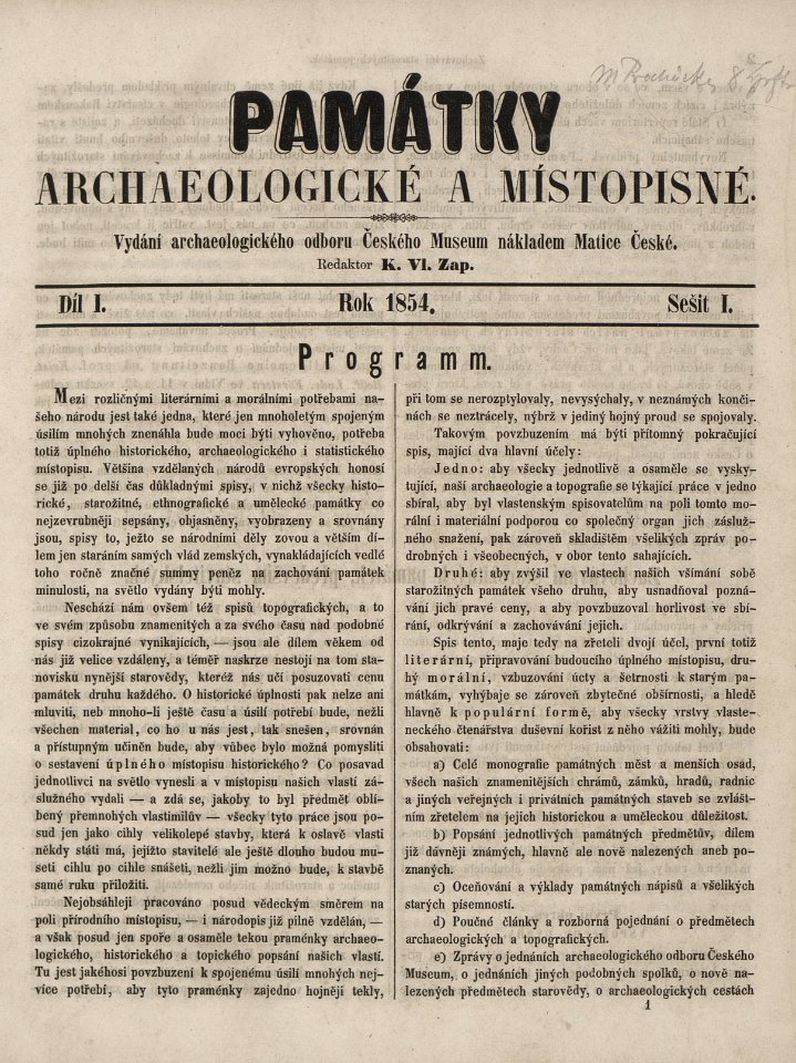 Památky archaeologické a místopisné - Díl I., Sešit I., Rok 1854
