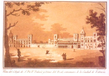 Palau del Real o Reial de València, ca. 1807, dibuixat per Antonio Rodríguez i gravada per Pedro Vicente Rodríguez