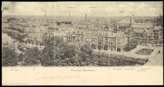 Panorama met op de voorgrond de Singelgracht en Leidsekade, rechts het American hotel en de Stadsschouwburg, Leidseplein 26-28, Afb ANWU01795000016