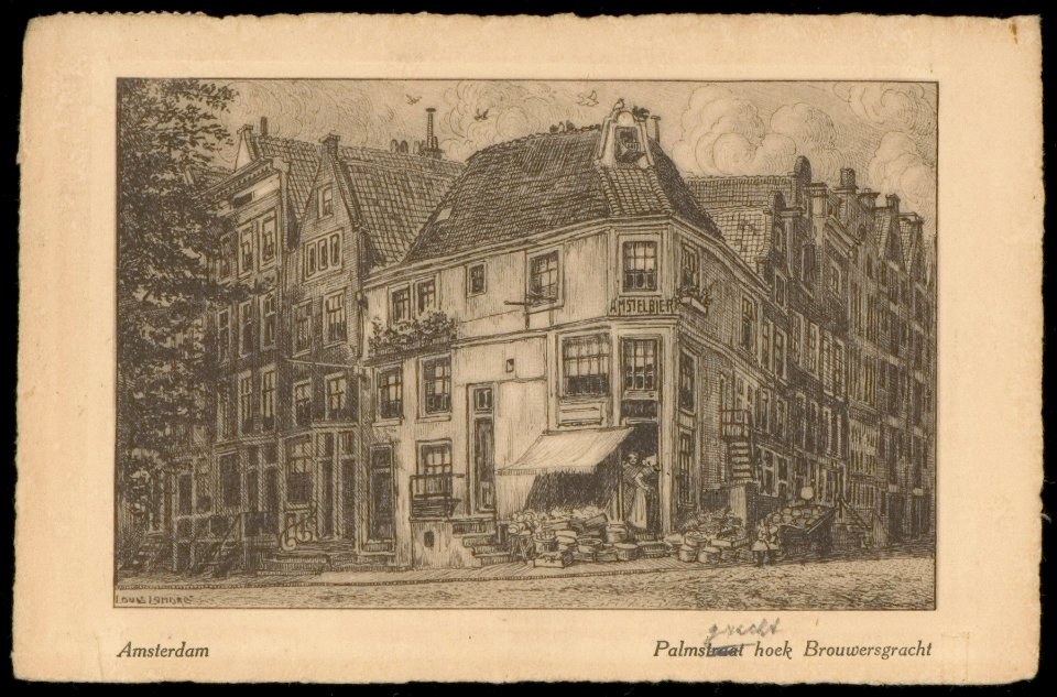 Palmgracht hoek Brouwersgracht. Het hoekpand heeft een duiventil op zolder. Uitgave N.V. A. J. Nuss, Amsterdam, Afb PBKD00109000004