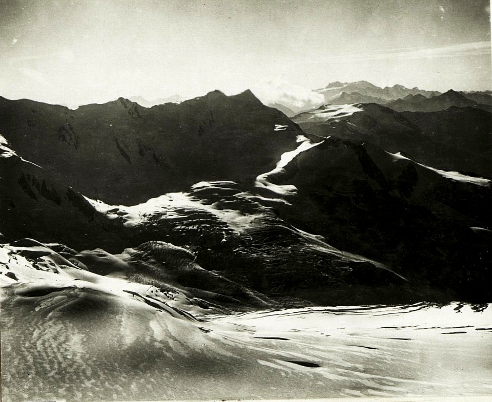 Panorama Standpunkt Monte Vioz-Vorkuppe, Feldwache, Rundblick von der Presanella gegen Südwest bis Nord inclusive Cevedale.- (3.Teilbild zu WK1 ALB016 04374a). (BildID 15423241)