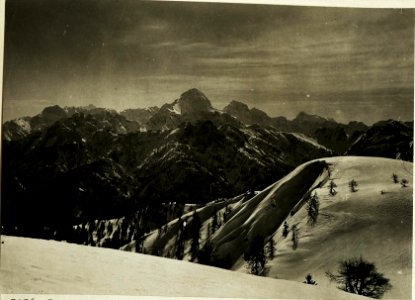 Panorama, Manhart, Steinerner Jäger, Gamsmutter, Wischberg, gr.u.kl.Nabois, Spranja, Montasch, Köpfach, Schwarzenberg, Mittagskofel, Obere Strekiza, Stpkt, Luschari links von der Kirche. (25-4.1917.) (BildID 15500134)