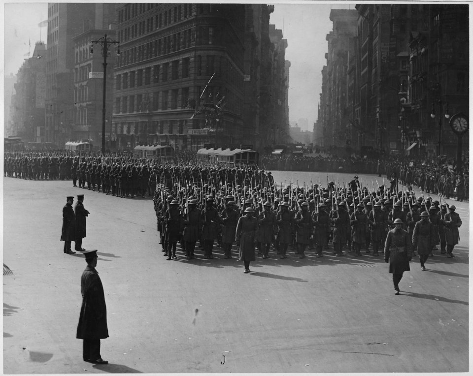Parade of returned fighters of the famous 369th (African American) Infantry at the Flatiron Building . . . - NARA - 533510