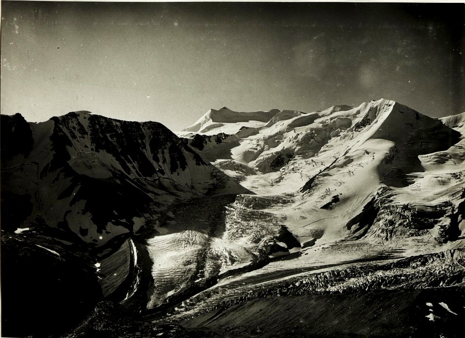 Panorama, Standpunkt Bäckmannhütte, Eisseespitze, Cevedale, Suldenspitze, Schrötternhorn, Kreilspitze, Königsspitze, Monte Zebru, Suldenjoch (1. Teilbild = WK1 ALB013 03616a) (BildID 15416108)