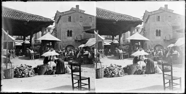 Parades d'aliments i gent en un mercat de bestiar a la plaça de la Constitució de Granollers