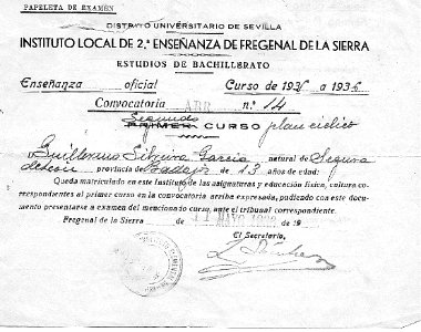 Papeleta de examen curso 1935-6