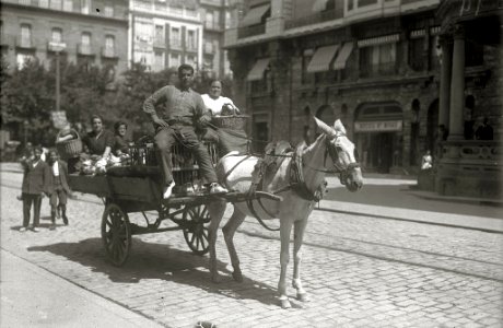 Pareja de caseros en carreta de burros por la calle Fuenterrabía, bajando los productos de la huerta al mercado (1 de 1) - Fondo Car-Kutxa Fototeka