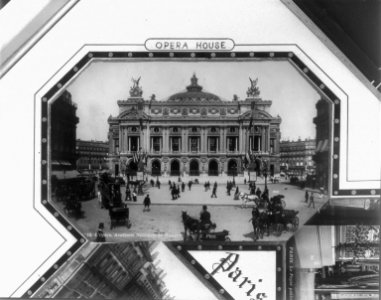 Paris, France - street scene in front of Opera House; horse-drawn carriages and omnibus; pedestrians LCCN2005694563