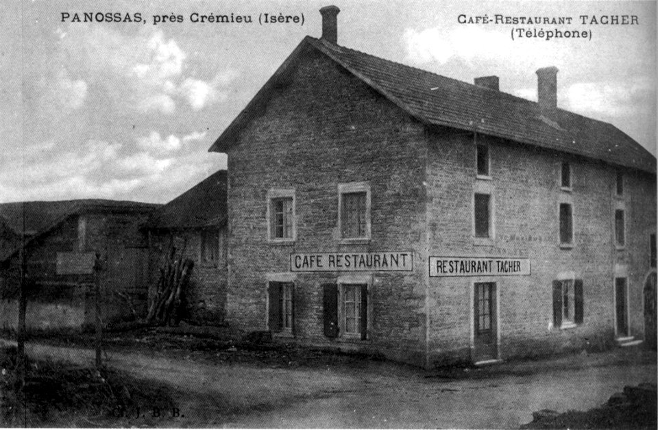 Panossas, café restaurant Tacher, téléphone, 1908, p154 de L'Isère les 533 communes - cl J B B