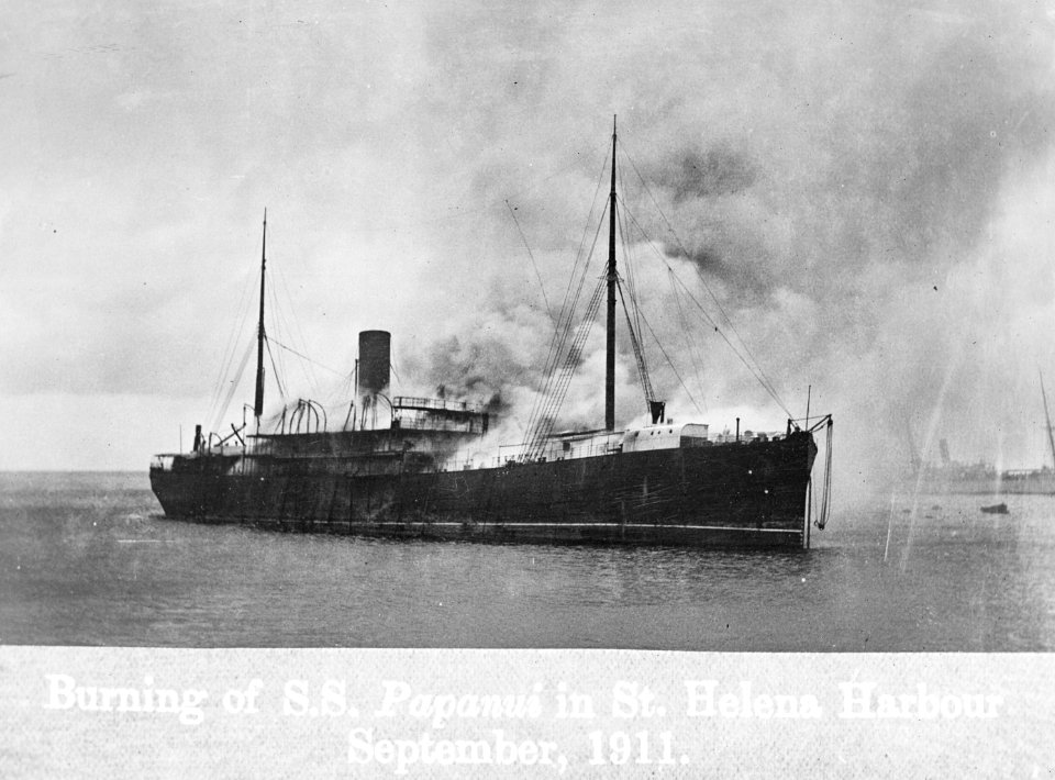 Papanui (1898) abandoned and on fire at St Helena. RMG P00835