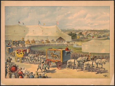 Parade with lion in cage on wagon, circus tent in background LCCN97502443