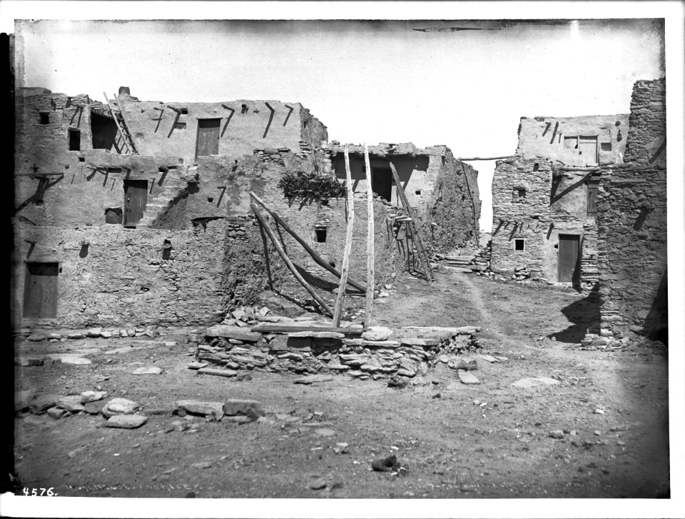 Part of a Hopi Indian pueblo, including houses (Moki) and an alley, ca.1900 (CHS-4576)