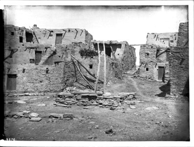 Part of a Hopi Indian pueblo, including houses (Moki) and an alley, ca.1900 (CHS-4576)