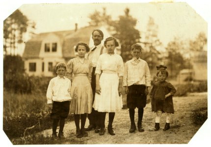 Part of the family of Eva Tanguay, 61 Sylvester St., doffer in spinning room of Ayer mill. A half hour car ride in a crowded, stuffy car to and from work. Leaves home at 6 A.M. and returns LOC cph.3b42403