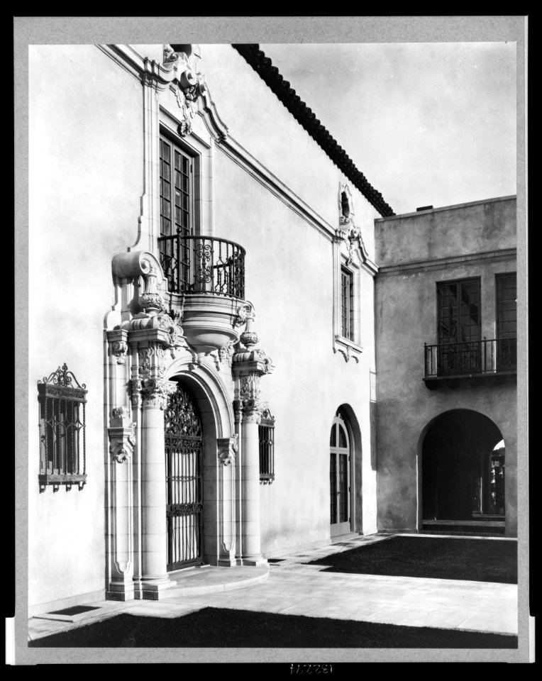 Pasadena, California, Mrs. Herbert Coppell home - detail of ornate doorway and balcony above - photo by Frances Benjamin Johnston. LCCN2002722361
