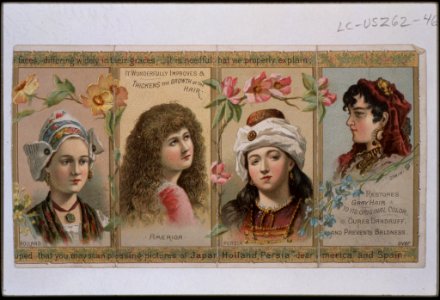 Patent medicine label for unnamed women's hair tonic which restores gray hair ... cures dandruff and prevents baldness LCCN2001704412