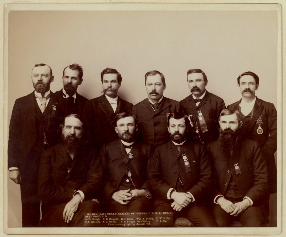 Past Grand Masters of Dakota I.O.O. F., 1890, at Deadwood, S.D. A.E. Clough, A.E.Nugent, H.J. Rowe, Wm. A. Bently, F.W. Miller, F.S. Emeison. A.G. Smith, R.R. Briggs, Zina Richey, H.J. Rice LCCN99613971