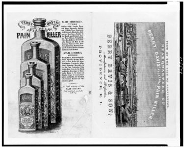 Patent medicine labels for Perry Davis & Son, showing view of Providence, R.I., and four patent medicine bottles) - Kilburn & Mallory sc., Boston LCCN92512903