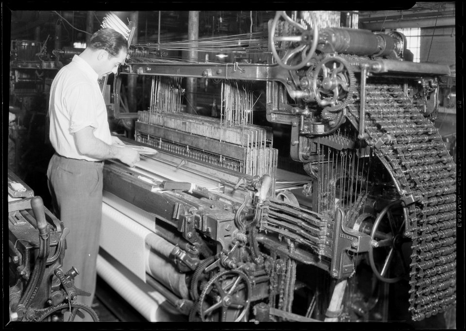 Paterson, New Jersey - Textiles. Wishnack Silk Company. Fancies being woven. Front view of a Crompton Knowles 4 x 4... - NARA - 518759