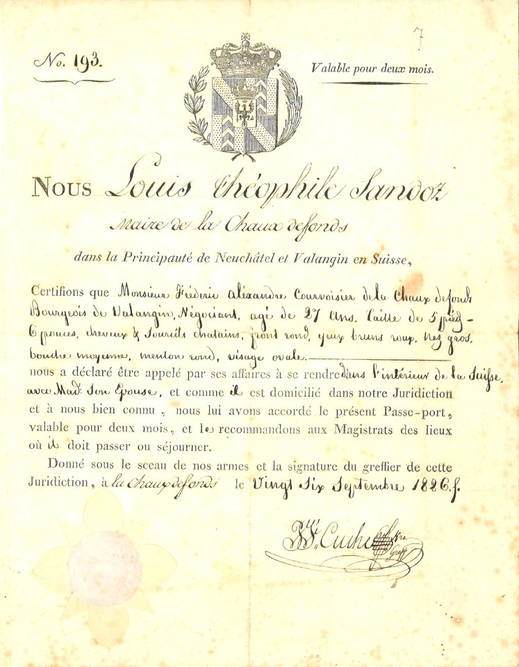 PasseportF.-A.Courvoisier 1826.MH.2016.00001
