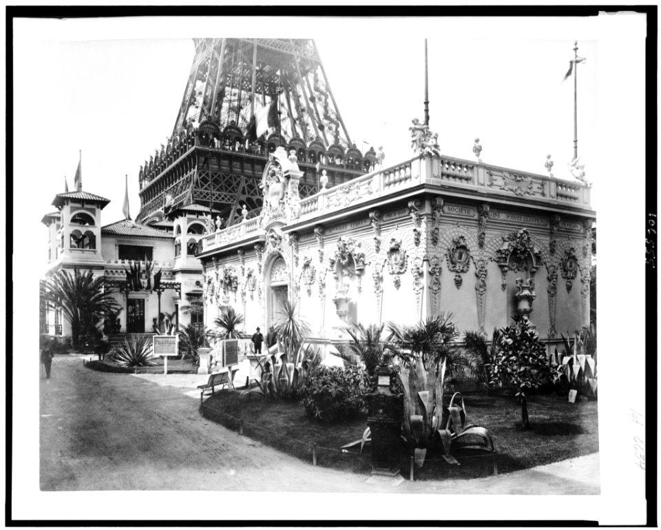 Pavilion of the Society of French Pastel Artists, with lower section of Eiffel Tower in background, and Pavilion of Monaco, Paris Exposition, 1889 LCCN92520674