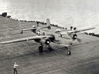 PBJ-1H Mitchell aboard USS Shangri-La (CV-38) during carrier suitability tests, 15 November 1944 (NNAM.2011.003.155.004)