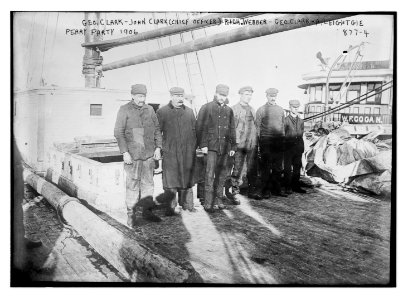 Peary party on boat deck- Geo. Clark, John Clark (chief officer), Rich. Weber, Geo. Clark, A. Leightgie LCCN2014684208