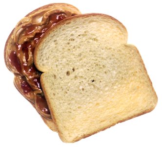 Peanut butter and jelly sandwich, top slice of bread turned clockwise to show the peanut butter and jelly filling