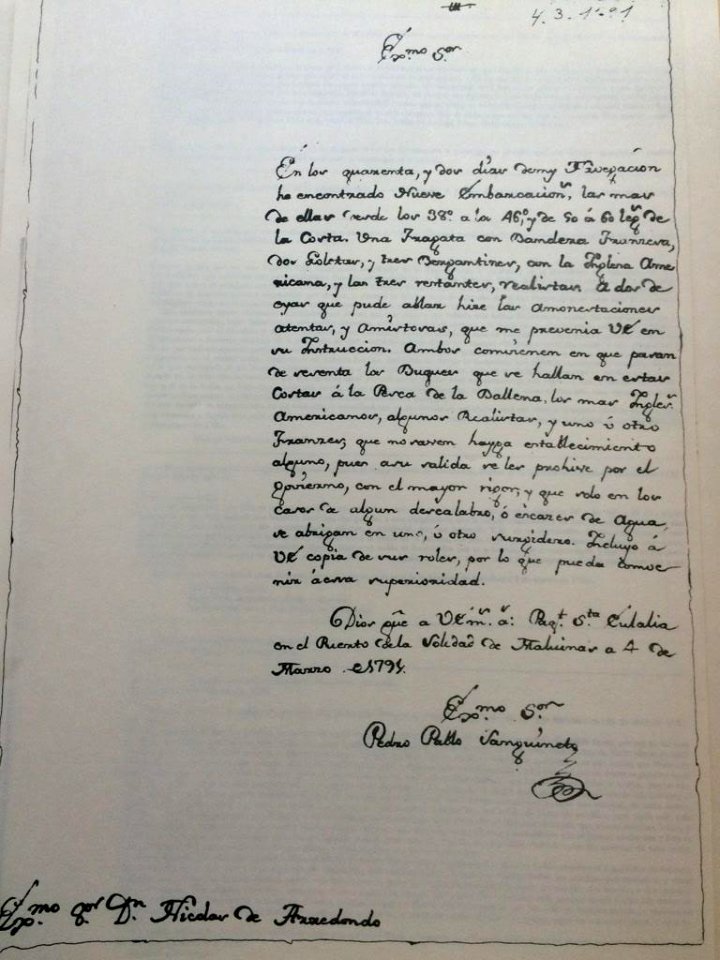 Pedro Pablo Sanguineto, Malvinas, al Virrey del Río de la Plata - 1791
