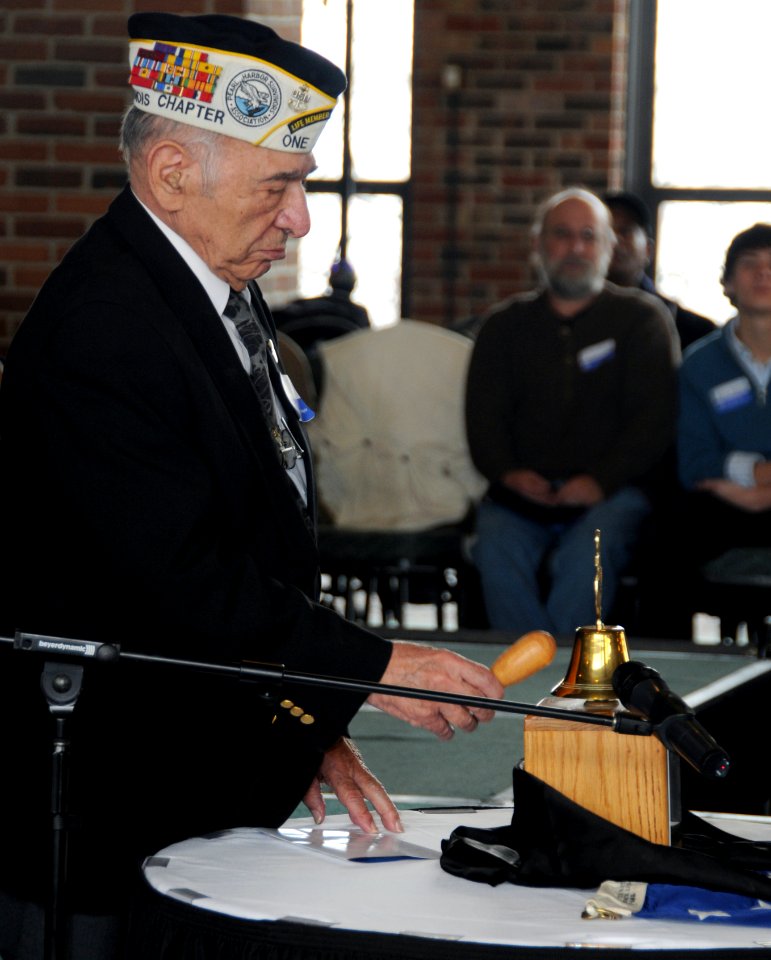 Pearl Harbor Survivor Ambrose Ferri, from Waukegan, Ill., conducts a Two-Bell Ceremony Memorial Tribute for the seven Chicago Sailors and Marines who sacrificed their lives aboard the battleship USS DVIDS134858