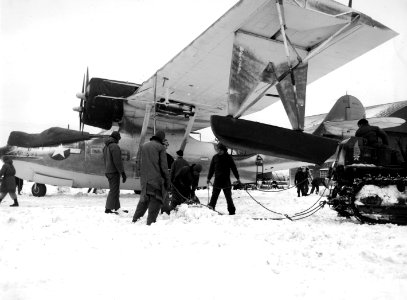 PBY being secured during storm on Amchitka Island 1943