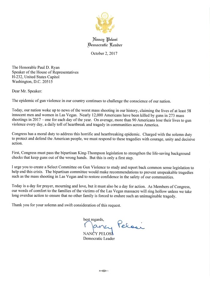 Pelosi letter to Paul Ryan following October 2017 Las Vegas shooting