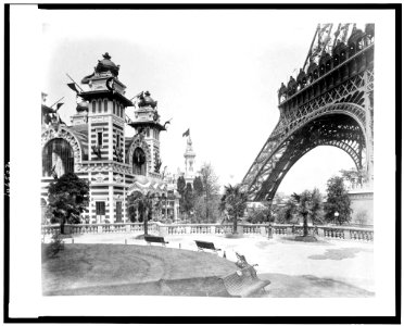 Pavilion of Bolivia at left, and, at right, a section of the Eiffel Tower, Paris Exposition, 1889 LCCN92520880 photo