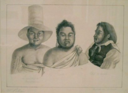 Ke'eaumoku with officer and chief, pencil, pen, ink and brown wash on paper by Alphonse Pellion, Honolulu