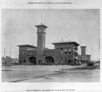 Pennsylvania Railroad advertising material- Depot at Harrisburg, one hundered and five miles from Philadelphia LCCN2005675948