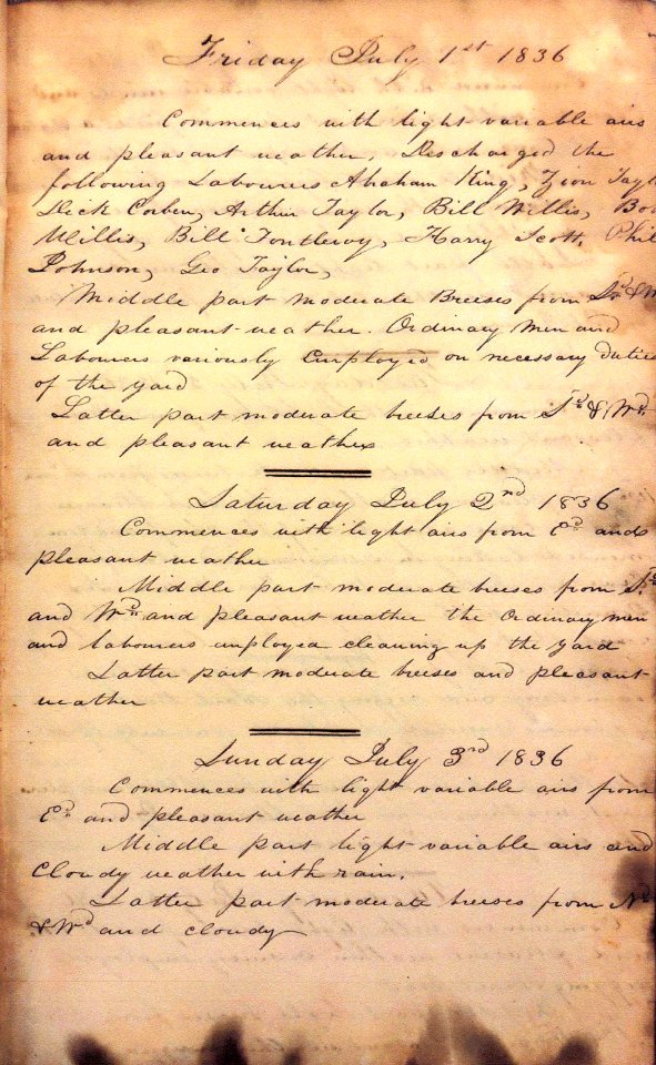 Pensacola Navy Yard log book entries for 1 -3 July 1836, entry for 1 July 1836 includes names of enslaved laborers