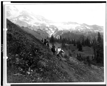 People on horseback, on trail, Van Trump Park, Mt. Rainier National Park, Washington) - Curtis & Miller LCCN90709572