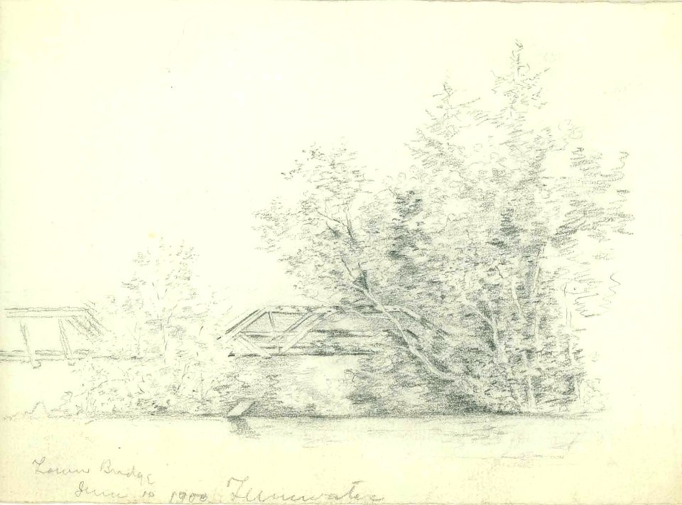 Pencil sketch ofthe lower bridge, Tumwater, June 10, 1900 (WASTATE 2126)