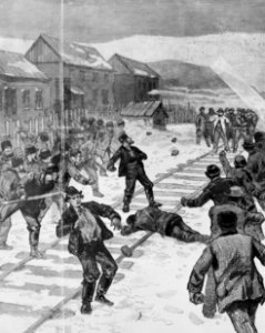 Pennsylvania - the mining troubles in the Schuylkill region - attack on the coal and iron police by a mob of Polish strikers, at Shenandoah, February 3d - from a sketch by Joseph Becker. LCCN98511383 (cropped) photo