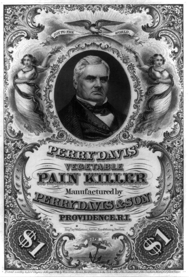 Perry Davis, bust, facing right, on advertisement for Perry Davis' vegetable pain killer LCCN2001701404
