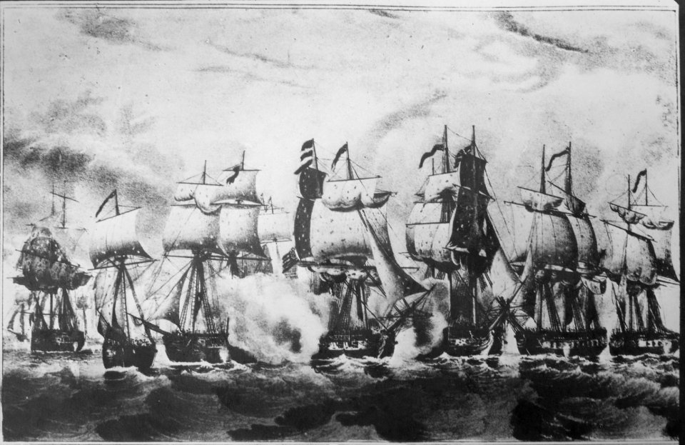 Perry's Victory on Lake Erie, Fought September 10th, 1813. Copy of lithograph by Napoleon Sarony after J. J. Barralet, p - NARA - 530968