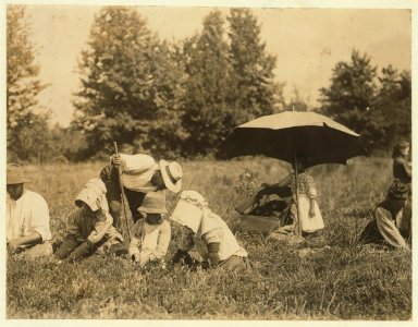 Pete, the Padrone, and family and neighbors. Girl tending baby in sun. Forsythe's Bog, Turkeytown, near Pemberton, N.J. Sept. 29, 1910. Witness E. F. Brown,. LOC nclc.00086
