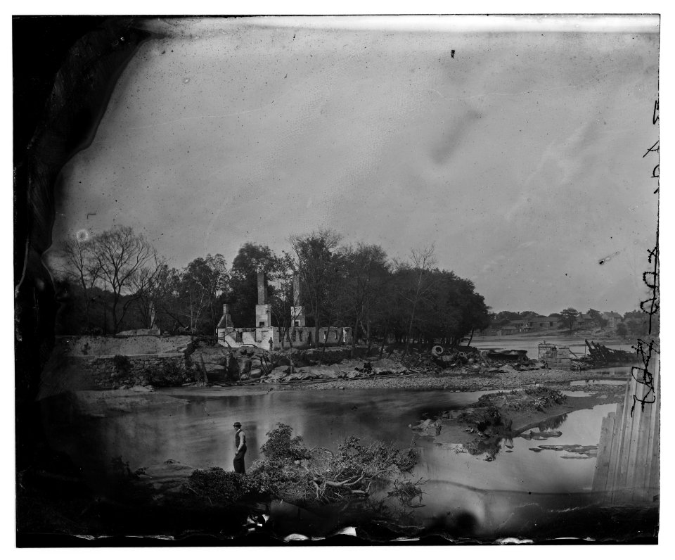 Petersburg, Virginia (vicinity). Ruins of locomotive and railroad bridge across the Appomattox River LOC cwpb.01337
