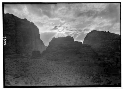Petra (Wadi Musa). El-Habis area. The acropolis hill. A silhouette against a striking sunset LOC matpc.03101